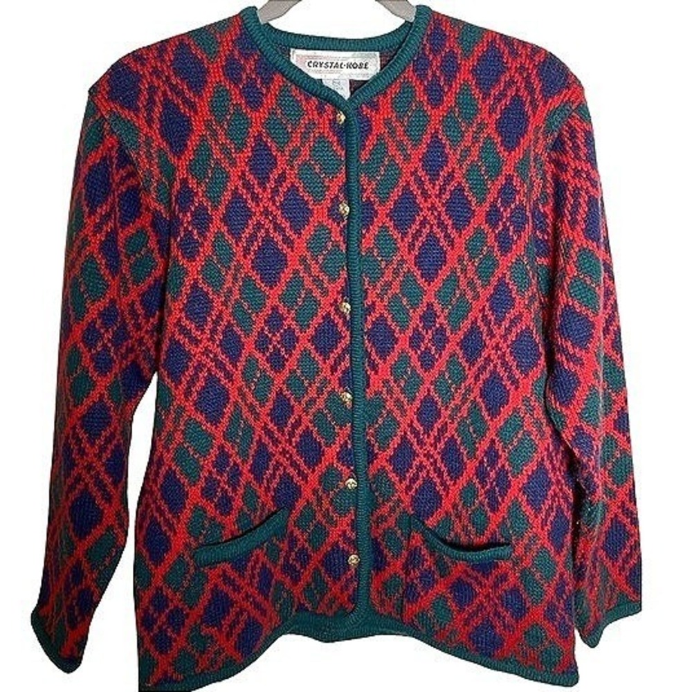 Vintage Argyle Wool Knit Cardigan Sweater Crystal Kobe Jacket Womens Medium